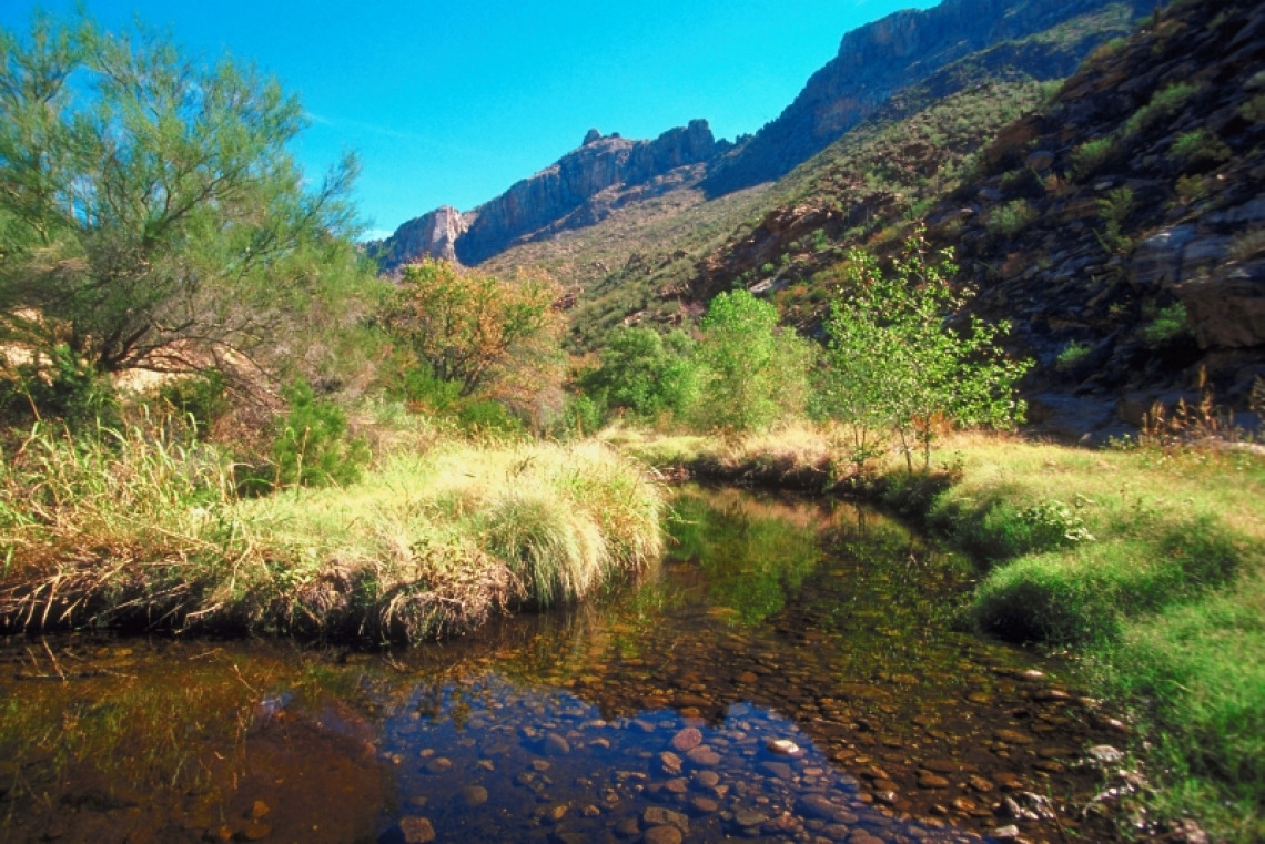 A stream of water running alongside mountains in a rangeland environment