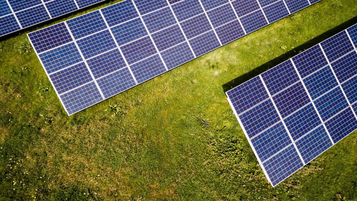 Solar panels in a grassy field