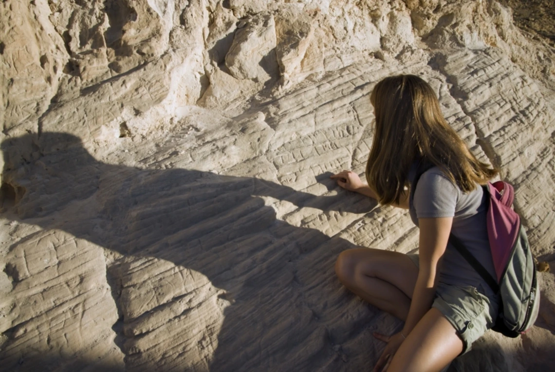 A student examining rocks