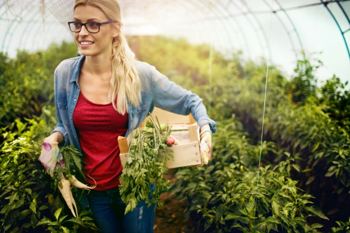 A woman carrying root vegetables harvested from a greenhouse