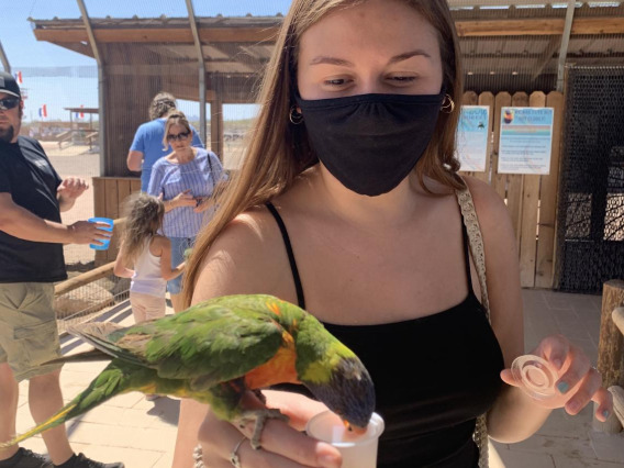 Sally Rivera holding and feeding a bird