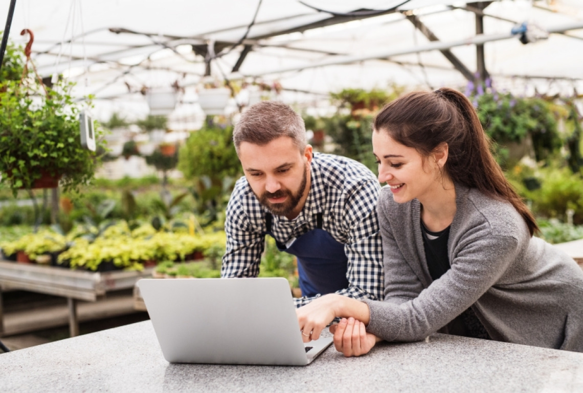 Two researchers in a massive greenhouse looking at a laptop 