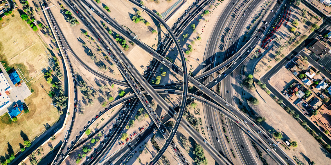 A bird's-eye view of multiple highway interchanges