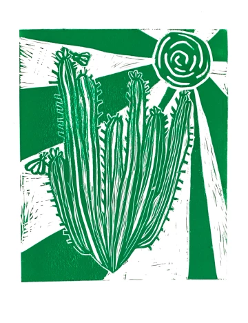 Green and white Senita cactus and moths print